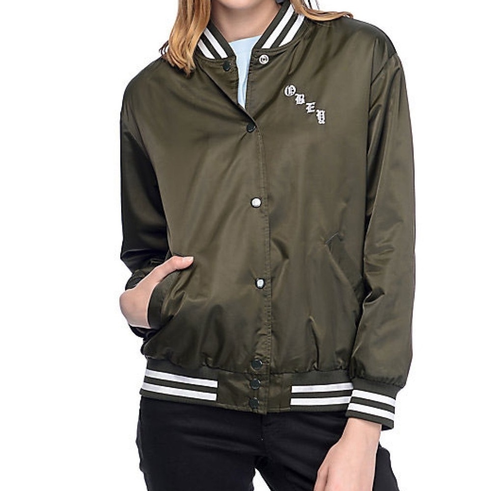 Obey Olive Green Varsity Jacket with Ribbed Collar